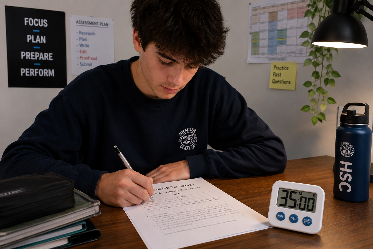VCE student working through a school-assessed coursework task under timed conditions