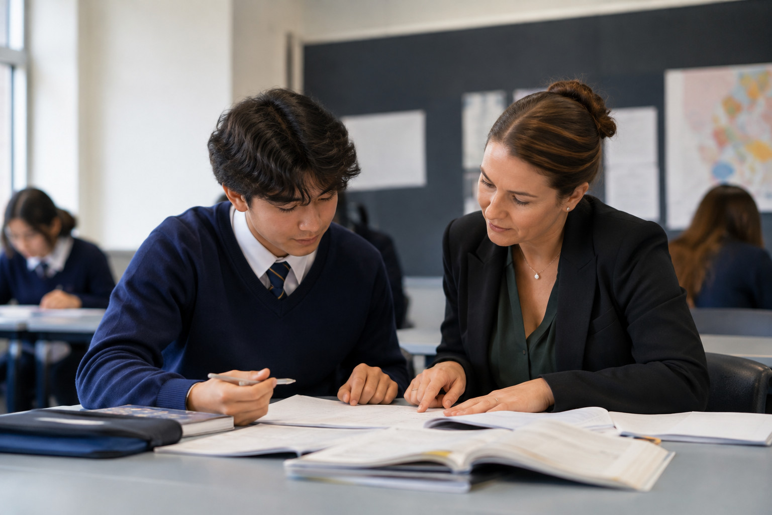 Teacher guiding a student through mathematics study material