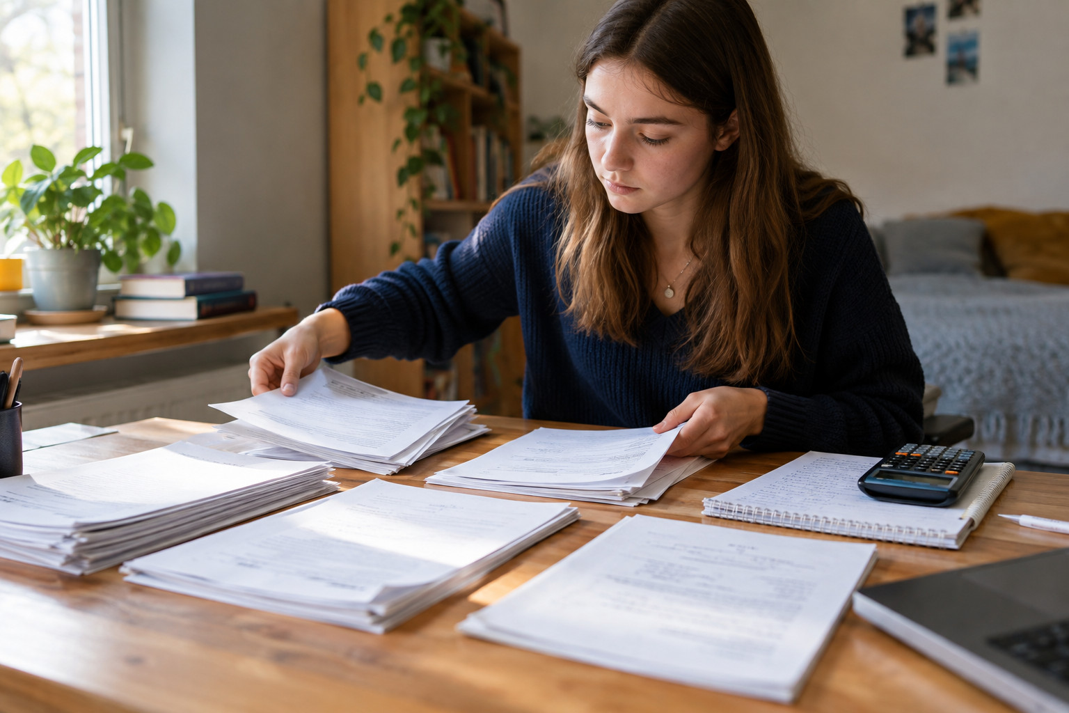 Student arranging stacks of past exam papers in study order