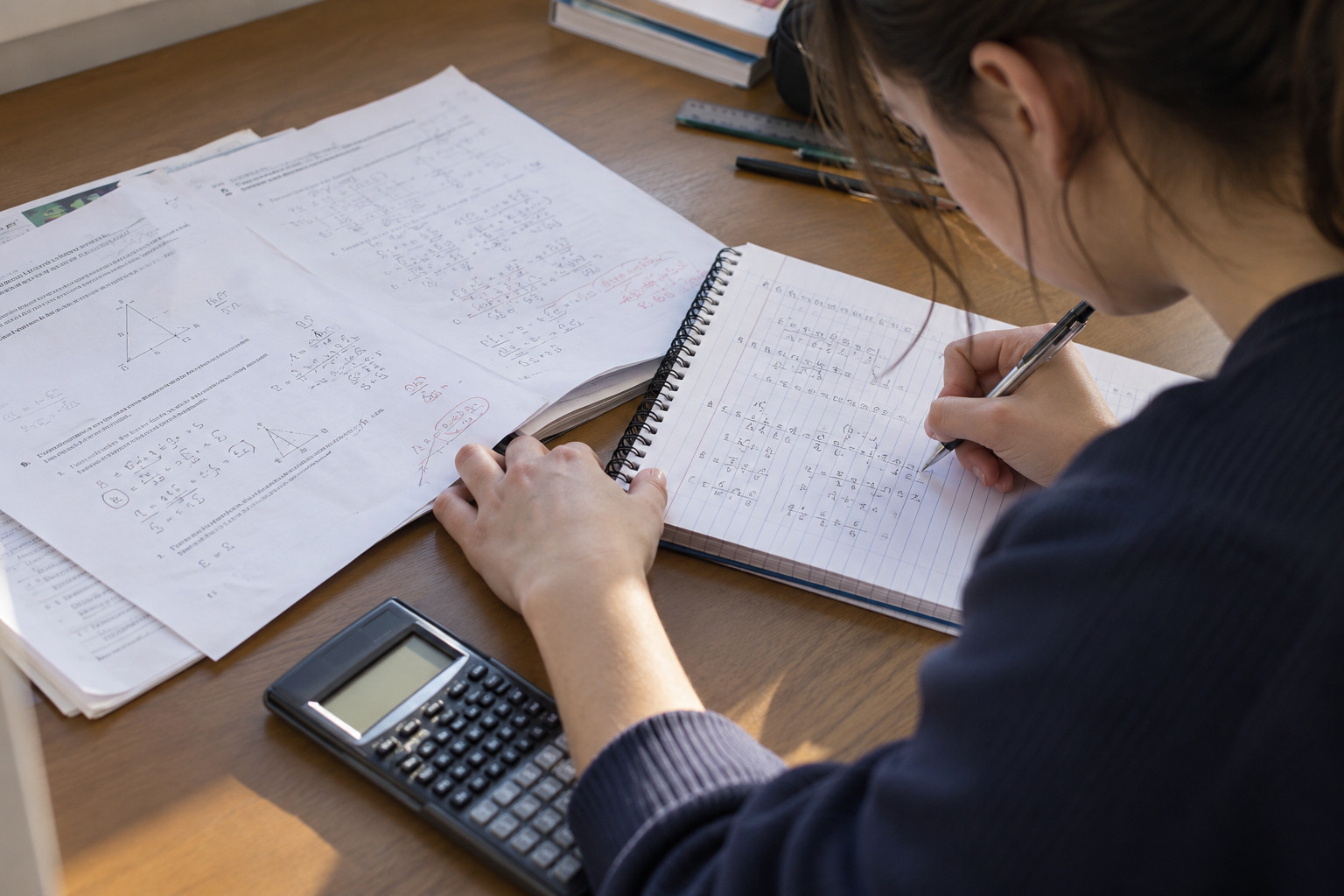 Student recording corrections beside a completed mathematics paper