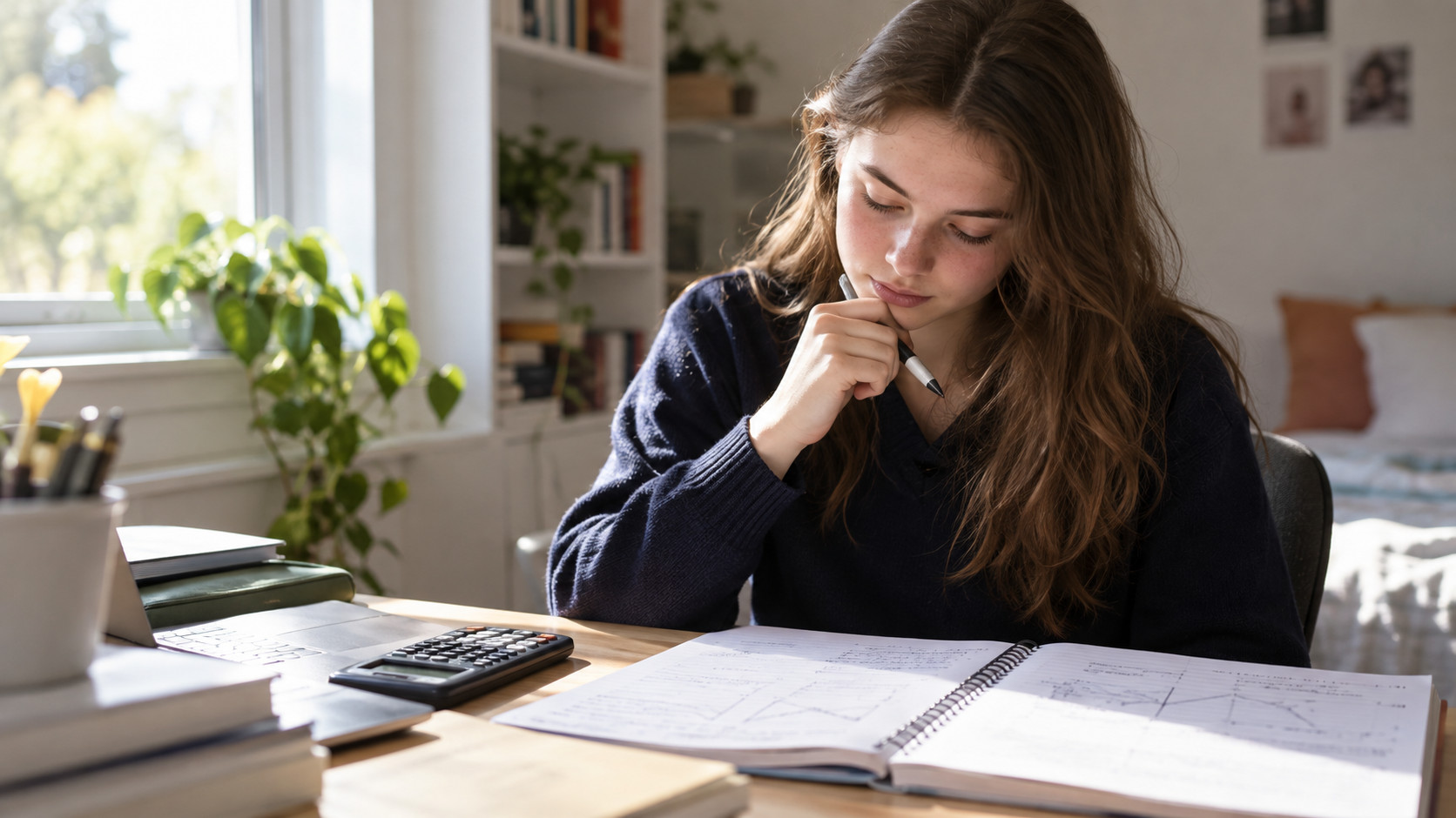 Senior student studying mathematics with a calculator and notebook
