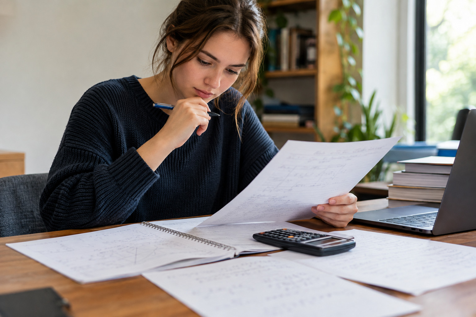 Student reviewing a mathematics assessment paper at a desk