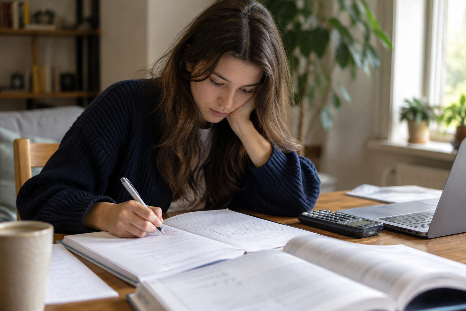 Senior student completing mathematics exercises with a calculator