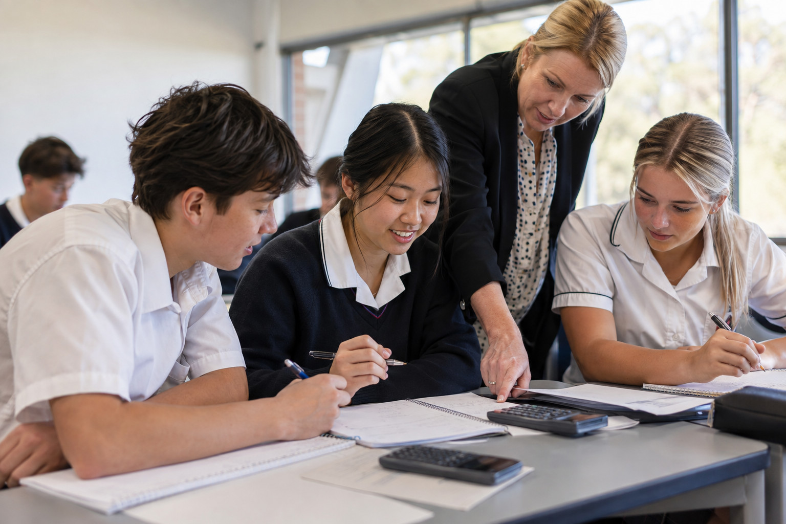 Teacher helping a small group of senior students with mathematics in a classroom