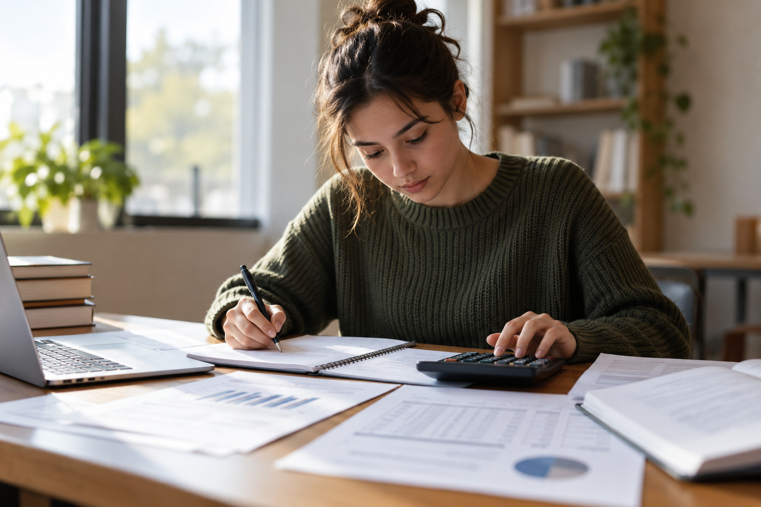 Student working through mathematics papers with a calculator at a desk