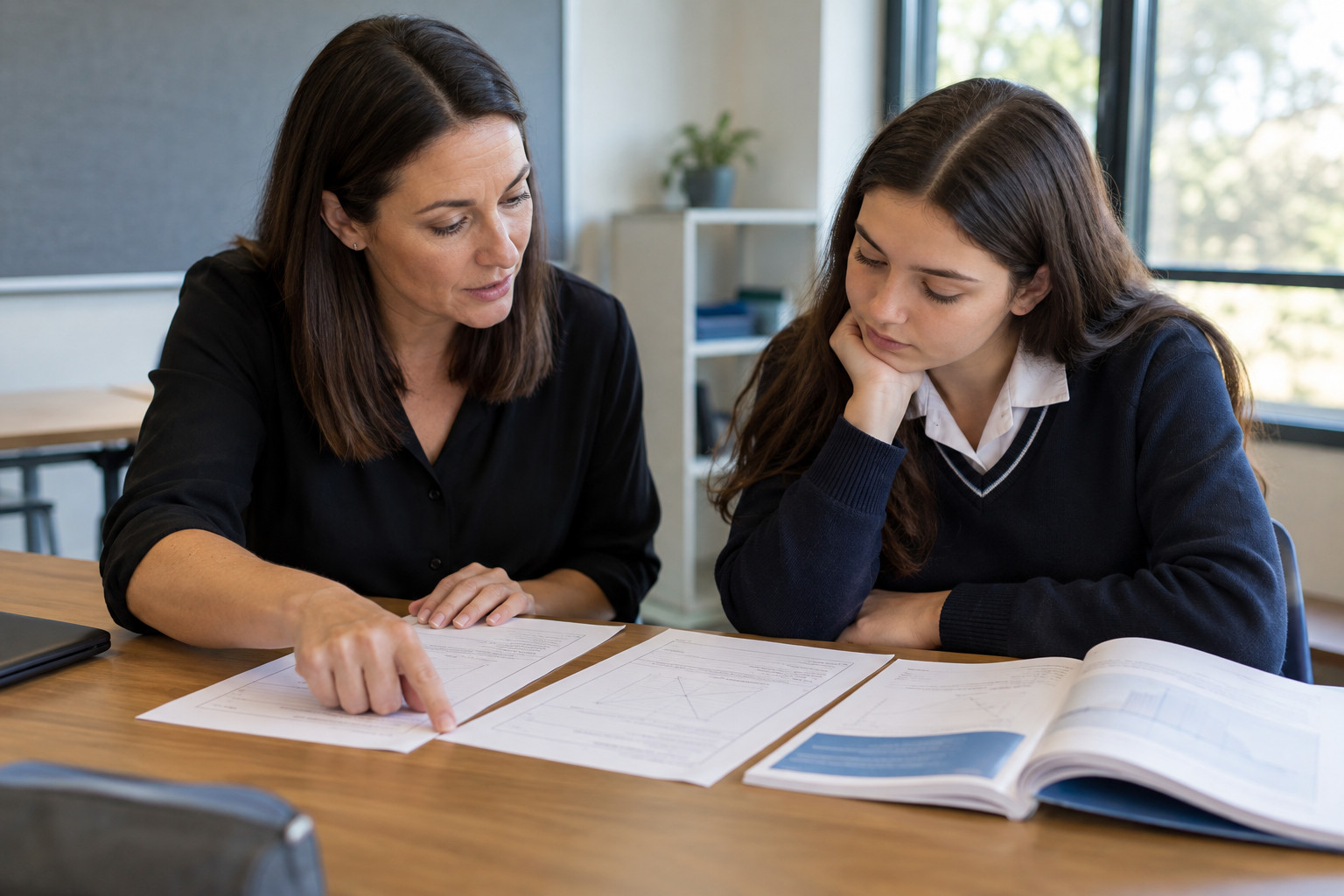 Teacher and student comparing mathematics papers at a desk