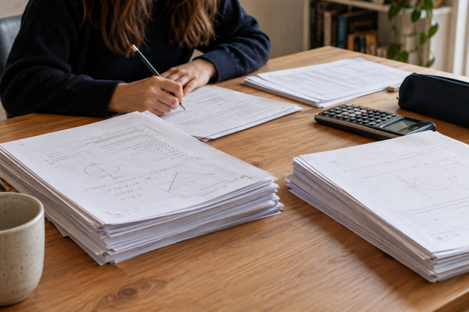 Stacks of past mathematics exam papers beside a calculator on a desk
